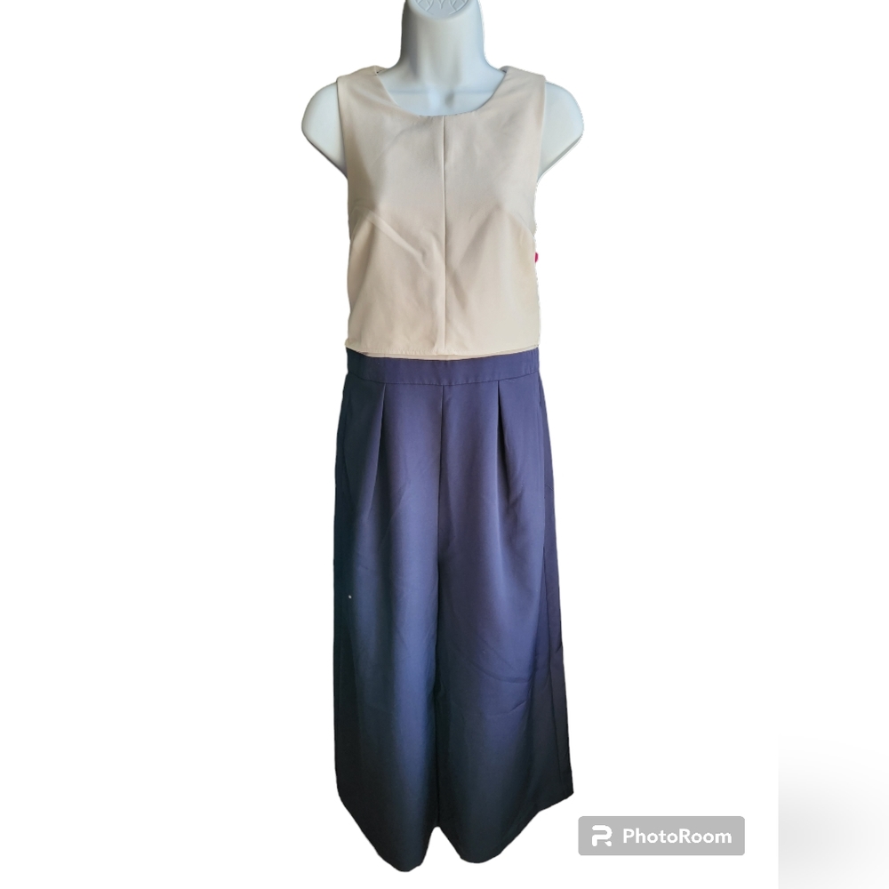 Vince Camuto Cream Navy Blue Jumpsuit Size 8